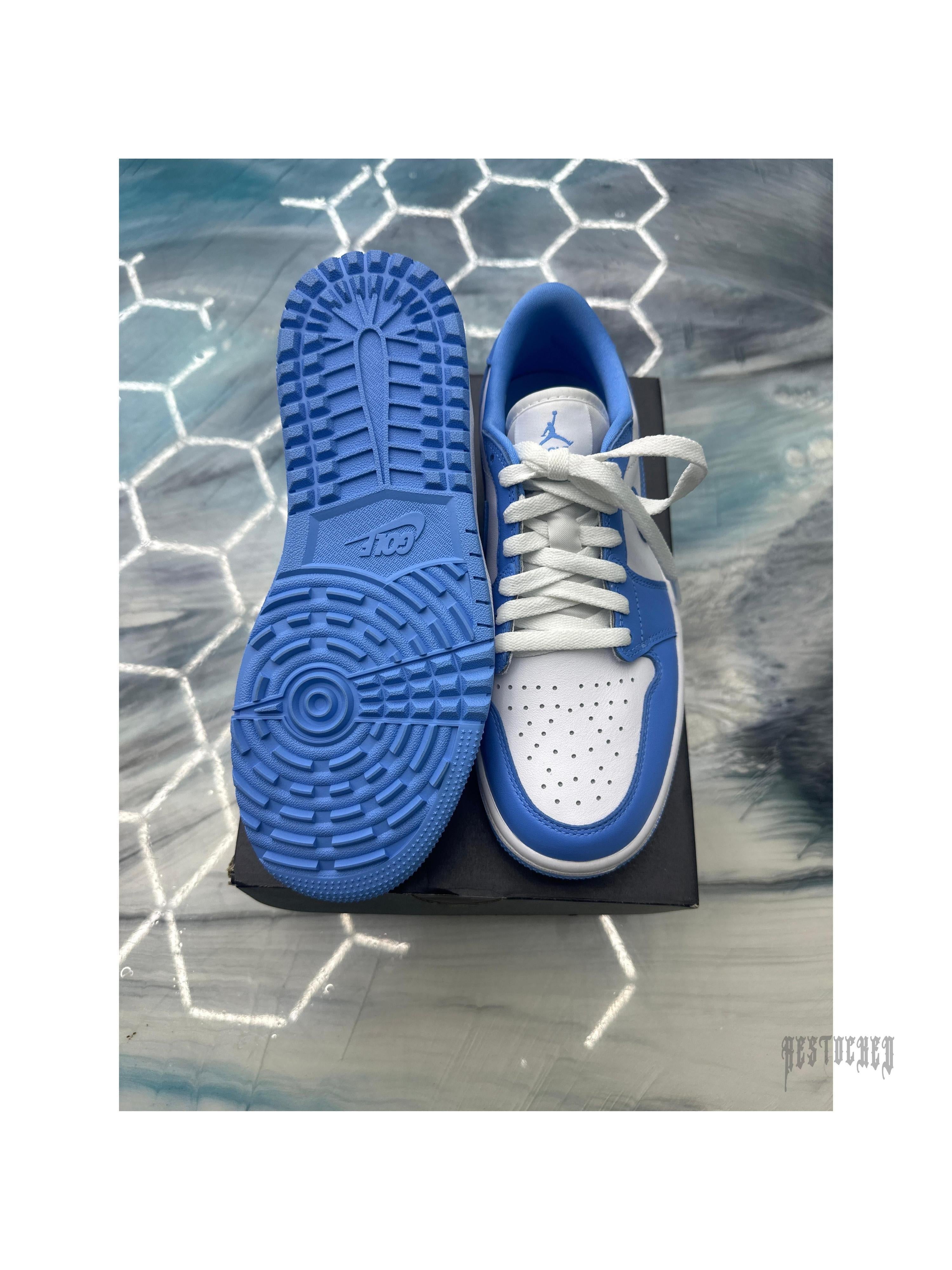 JORDAN 1 RETRO LOW GOLF UNC, white and blue leather, size 7, with a blue golf sole.