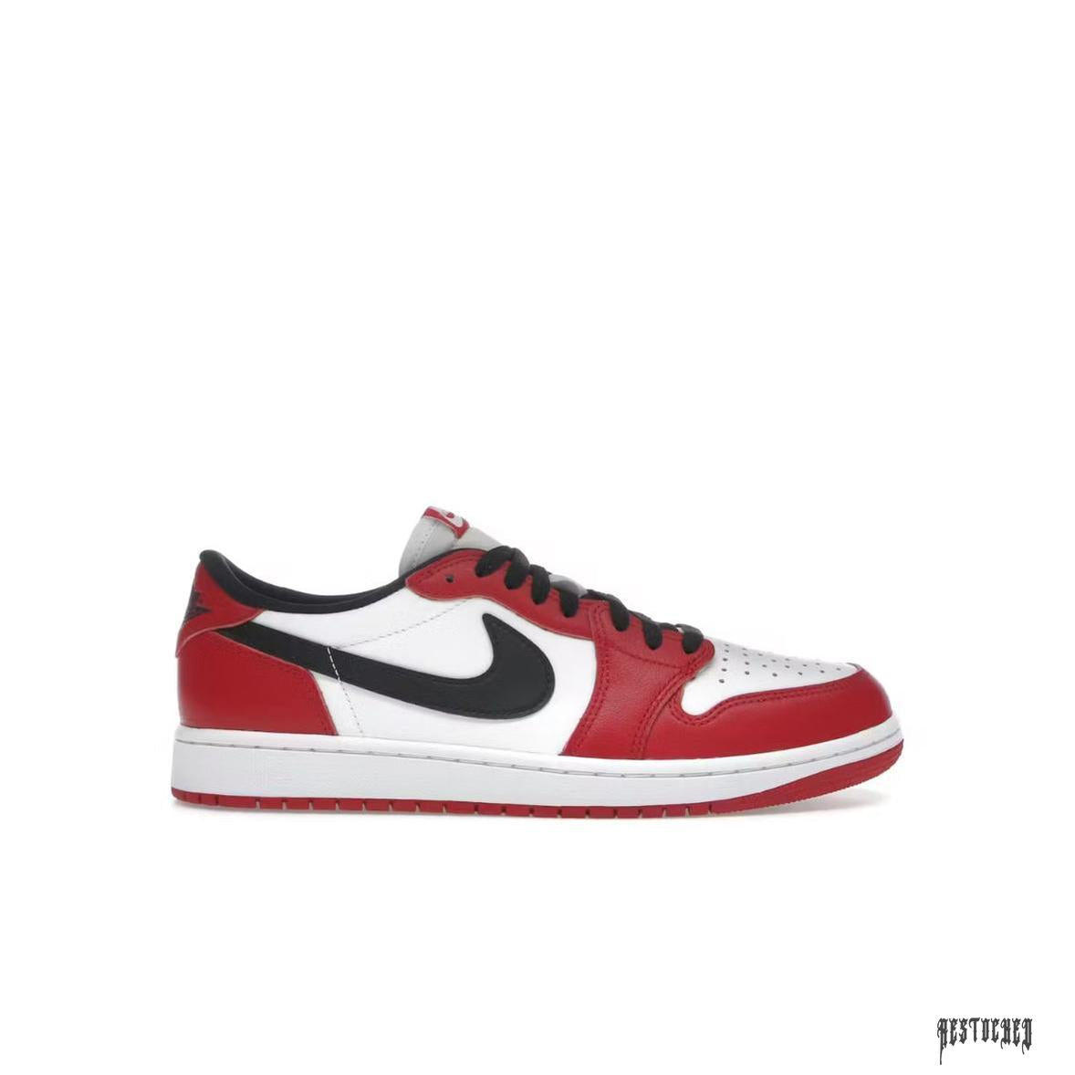 JORDAN 1 RETRO LOW OG CHICAGO (2025) sneaker, red and white leather with black swoosh.