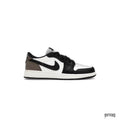 JORDAN 1 RETRO LOW OG MOCHA (GS) sneaker with black, white, and mocha brown leather, side view.
