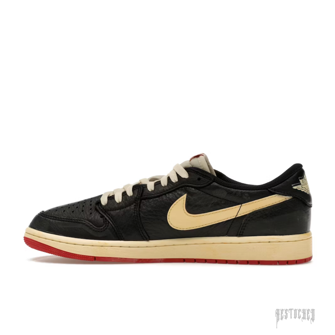 JORDAN 1 RETRO LOW OG Nigel Sylvester Better With Time. Black leather upper, cream swoosh, off-white laces, and red outsole.