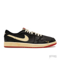 JORDAN 1 RETRO LOW OG NIGEL SYLVESTER. Black leather sneaker with cream swoosh, laces, and midsole, red outsole.