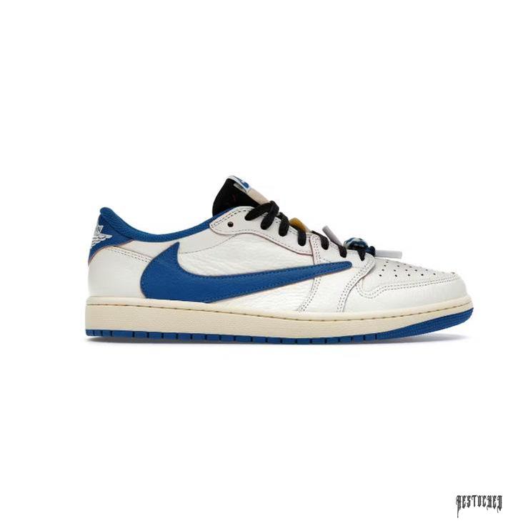 Jordan 1 Retro Low OG SP Fragment x Travis Scott Sail Military Blue sneaker, white leather with blue accents.