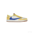 JORDAN 1 RETRO LOW OG SP TRAVIS SCOTT CANARY women's sneaker, yellow and white leather with a blue reverse swoosh.