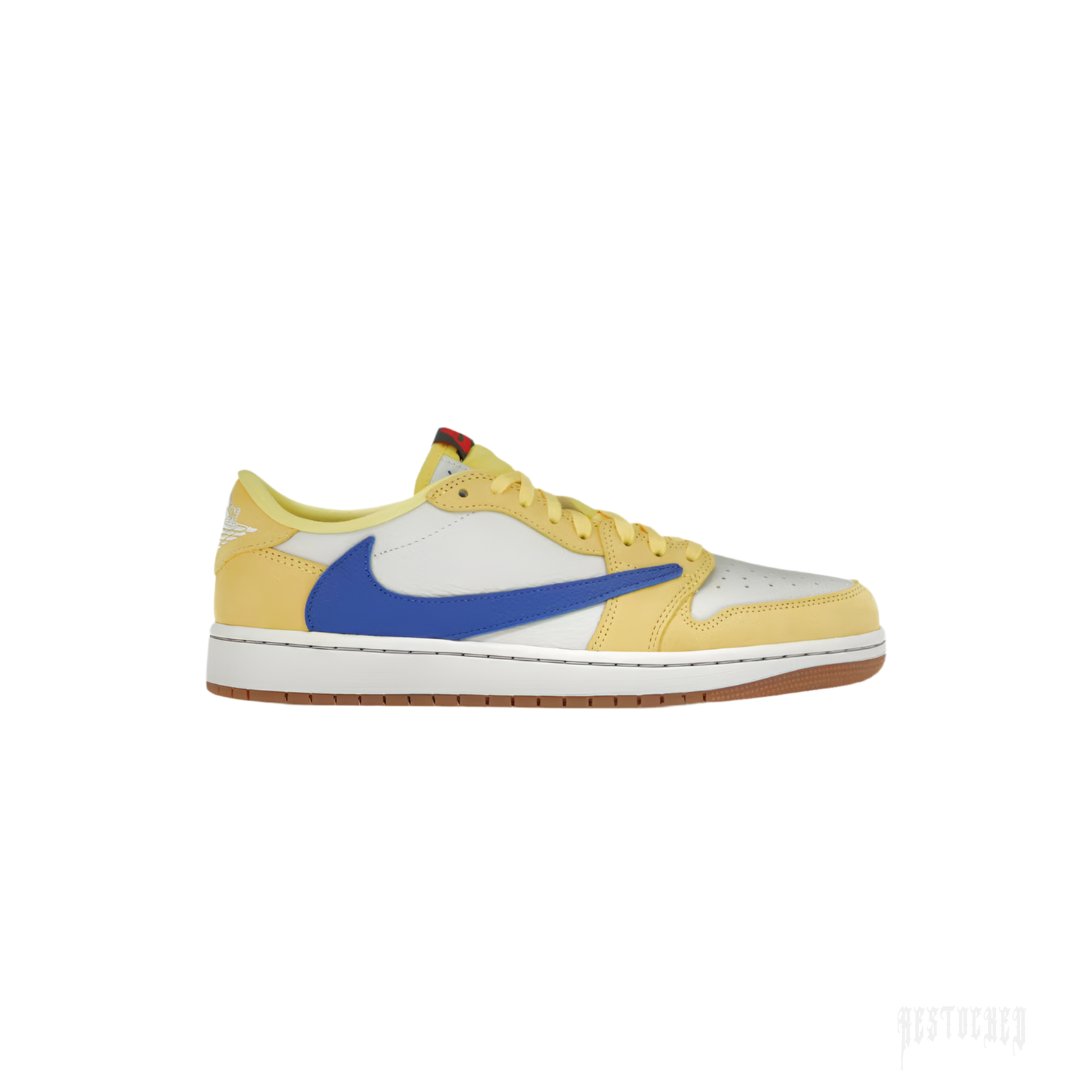 JORDAN 1 RETRO LOW OG SP TRAVIS SCOTT CANARY women's sneaker, yellow and white leather with a blue reverse swoosh.