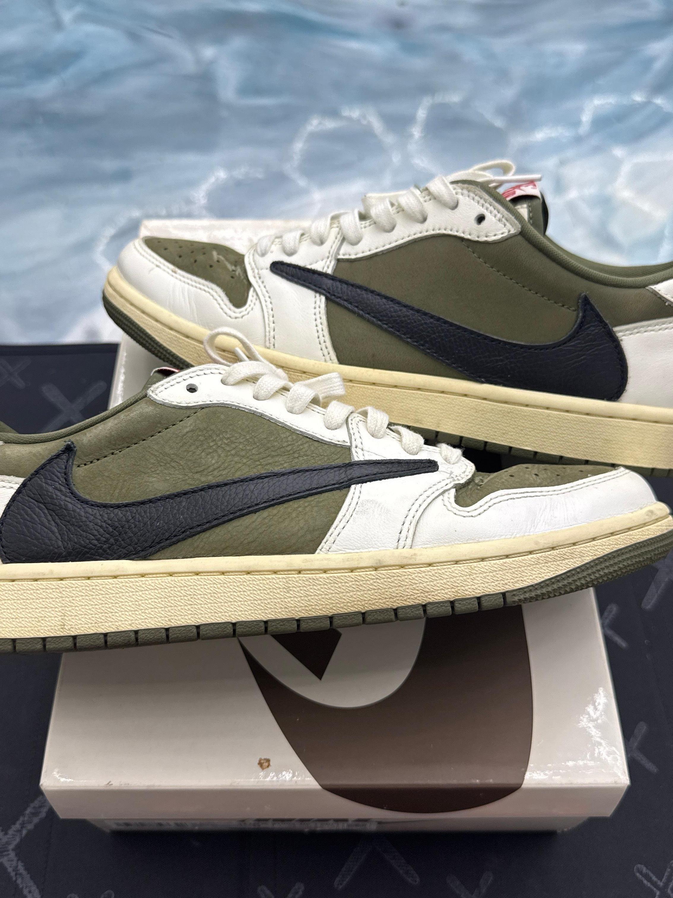 Pre-owned Jordan 1 Retro Low OG SP Travis Scott Medium Olive sneakers, size 9, with white and black accents.