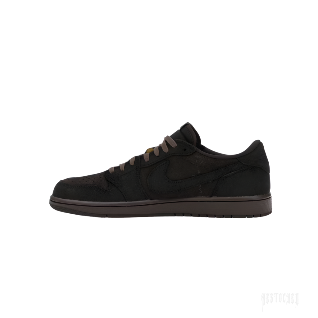 JORDAN 1 RETRO LOW OG SP Travis Scott Velvet Brown sneaker, dark brown suede with brown laces.