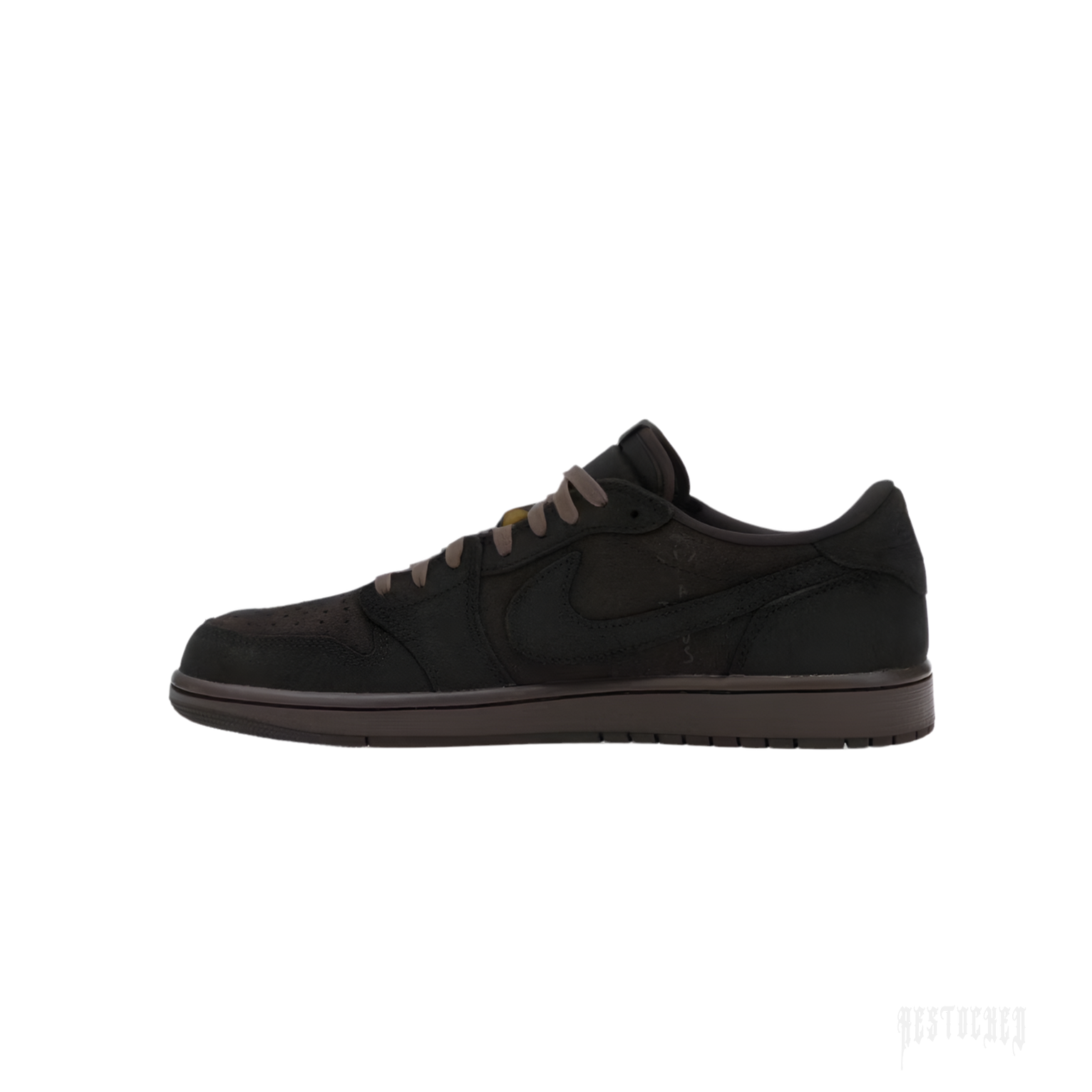JORDAN 1 RETRO LOW OG SP Travis Scott Velvet Brown sneaker, dark brown suede with brown laces.