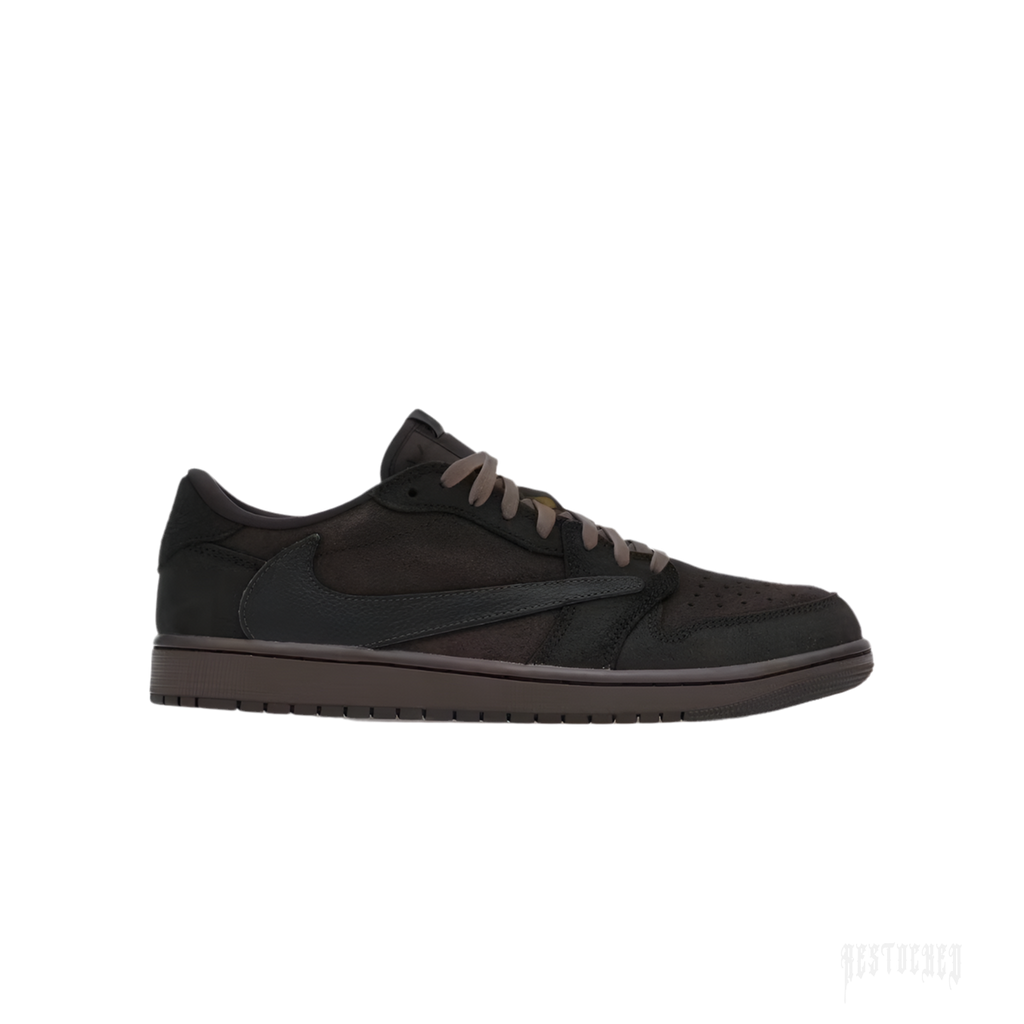 JORDAN 1 RETRO LOW OG SP TRAVIS SCOTT VELVET BROWN sneaker, dark brown suede and leather, black reverse swoosh.