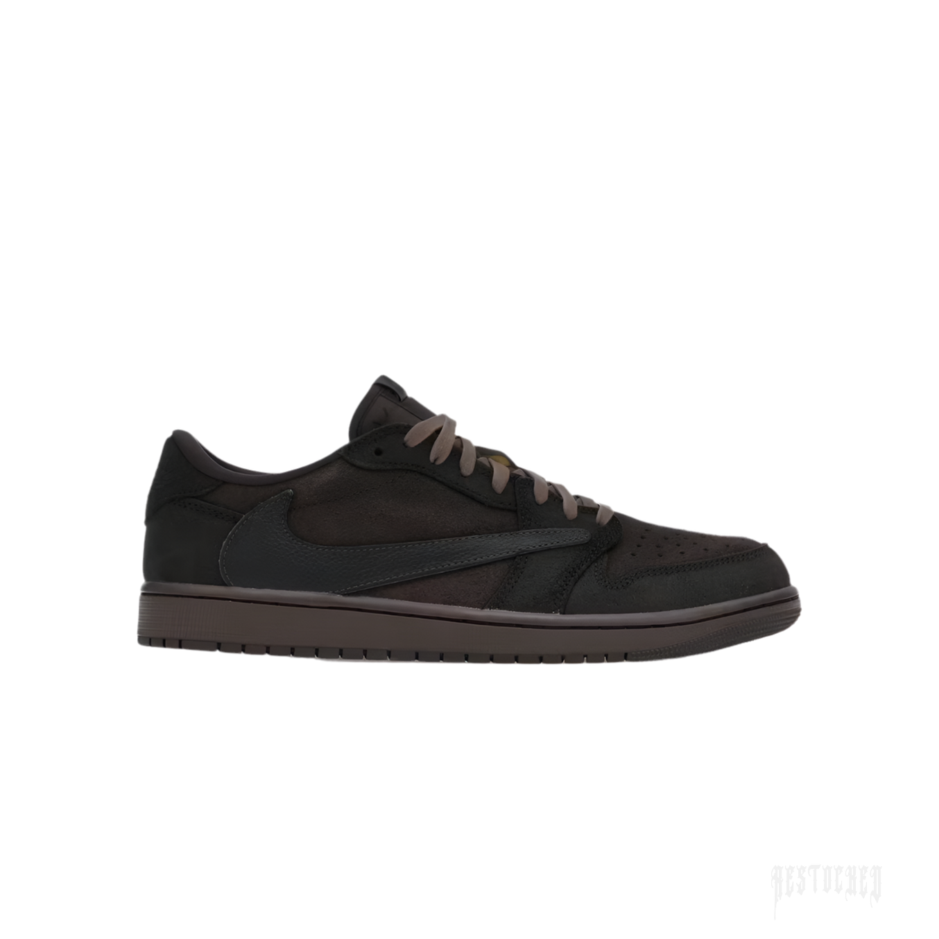 JORDAN 1 RETRO LOW OG SP TRAVIS SCOTT VELVET BROWN sneaker, dark brown suede and leather, black reverse swoosh.