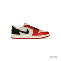 JORDAN 1 RETRO LOW OG TROPHY ROOM ROOKIE CARD AWAY sneaker: red, grey, black leather with black swoosh.
