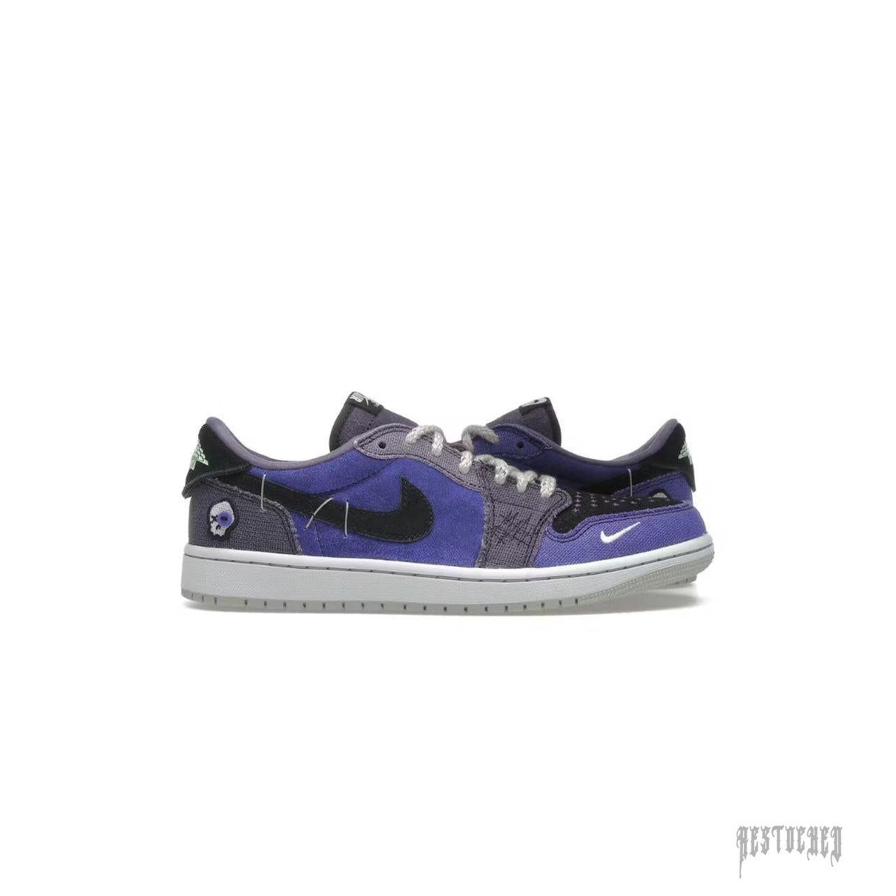 JORDAN 1 RETRO LOW OG ZION WILLIAMSON VOODOO ALTERNATE with purple, black, and grey panels, skull detail.