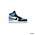 JORDAN 1 RETRO UNC TOE PS high-top sneaker with black, white, and light blue leather panels.