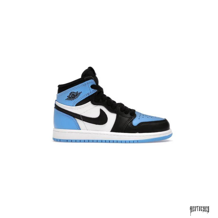 JORDAN 1 RETRO UNC TOE PS high-top sneaker with black, white, and light blue leather panels.