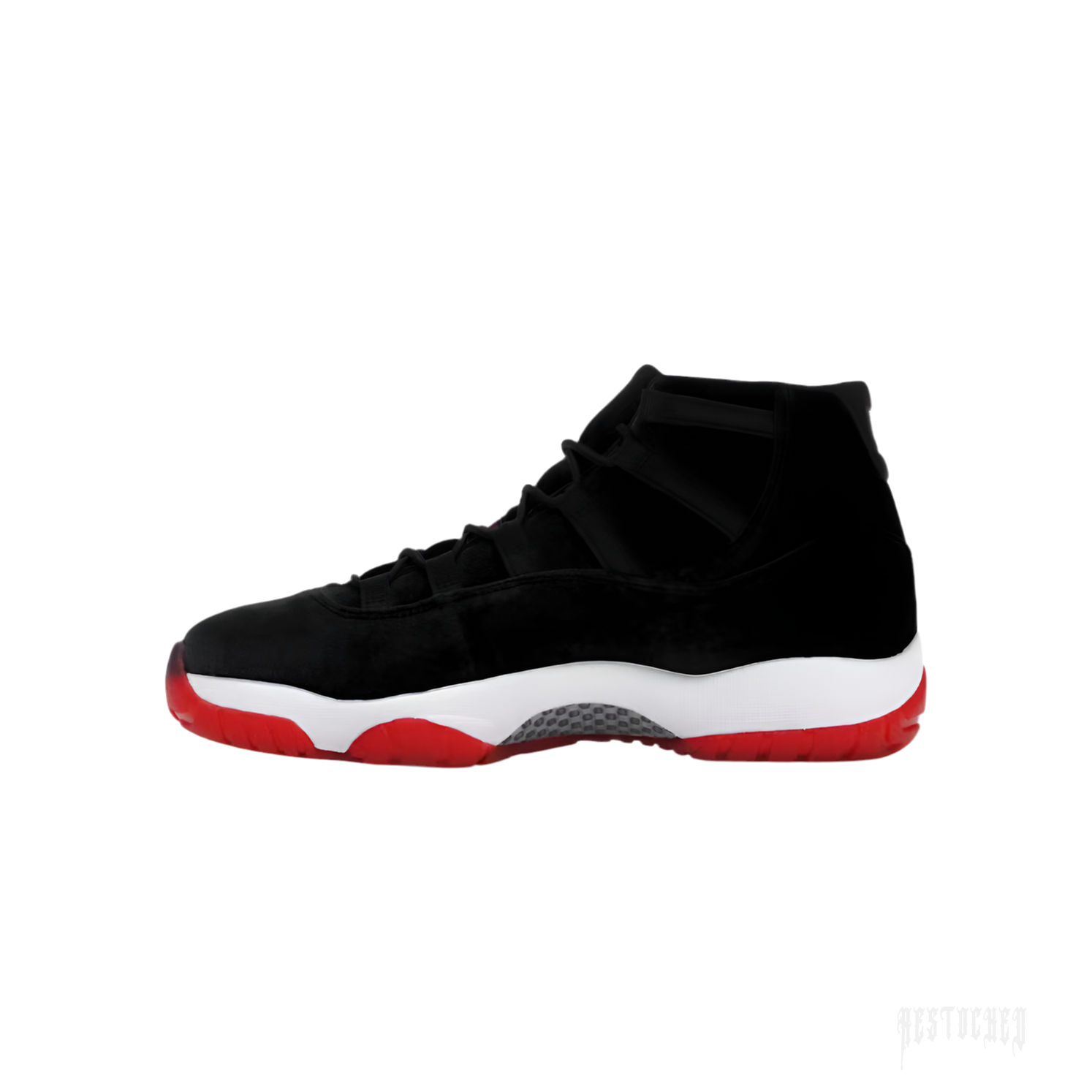 JORDAN 11 RETRO BRED VELVET women's sneaker with black velvet upper, white midsole, and red outsole.