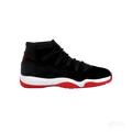 Women's Air Jordan 11 Retro 'Bred Velvet' sneaker with black velvet upper, red Jumpman logo, white midsole, and red outsole.