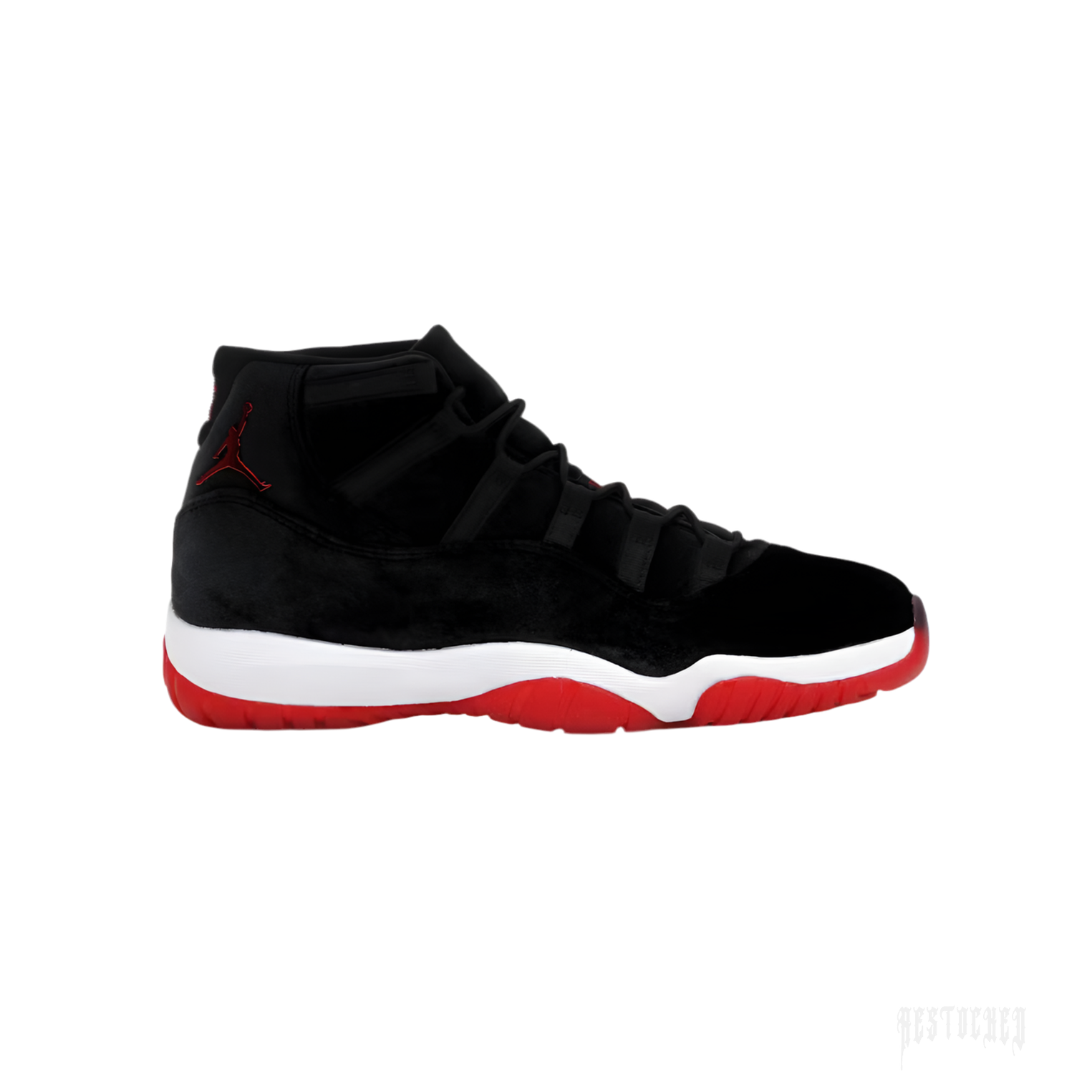 Women's Air Jordan 11 Retro 'Bred Velvet' sneaker with black velvet upper, red Jumpman logo, white midsole, and red outsole.