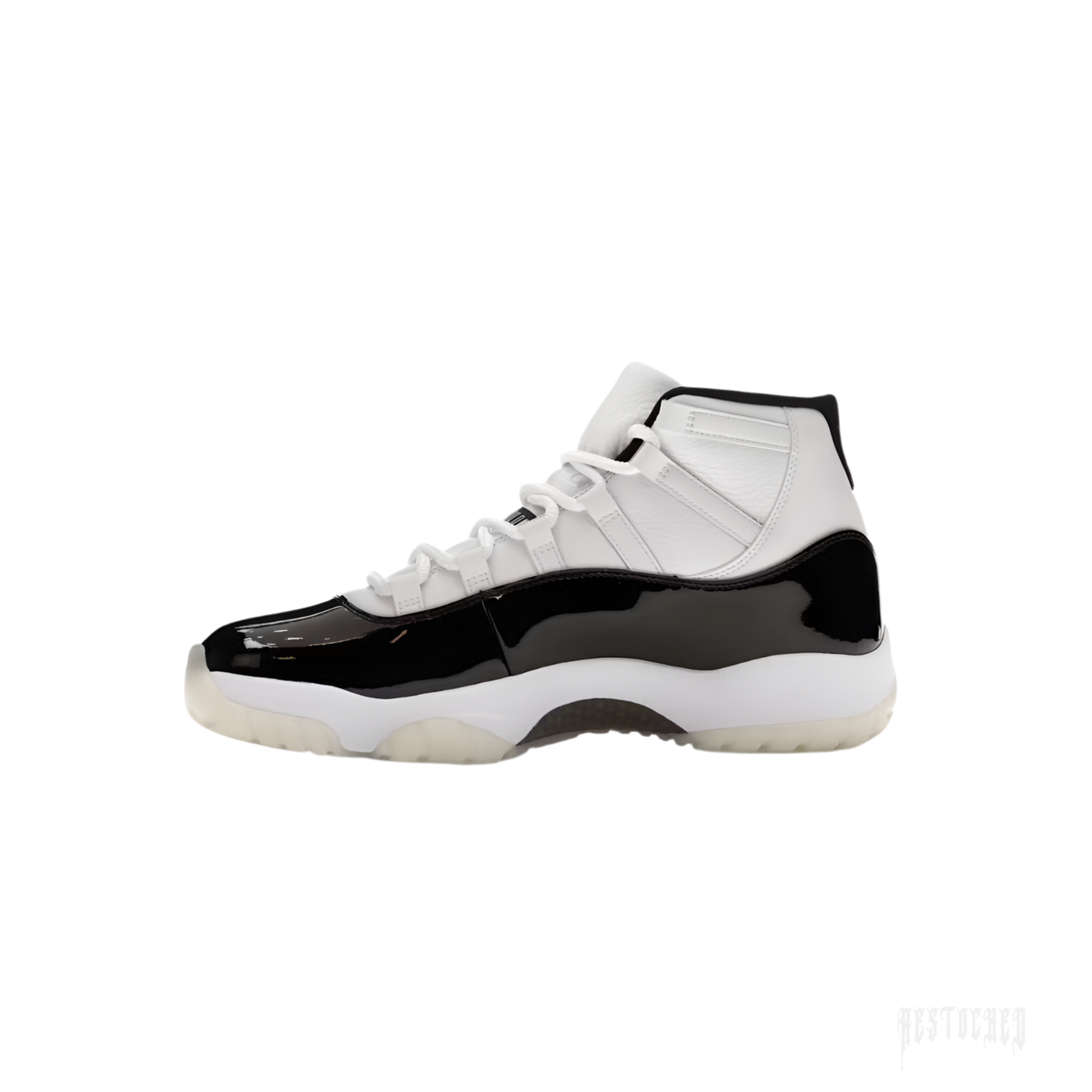JORDAN 11 RETRO DMP GRATITUDE sneaker, white leather upper with black patent leather mudguard, translucent sole.