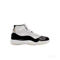 JORDAN 11 RETRO DMP GRATITUDE sneaker, white leather upper with black patent leather mudguard, gold Jumpman logo.