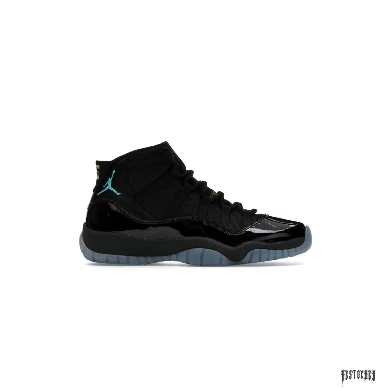 JORDAN 11 Retro Gamma Blue (GS) sneaker with black patent leather, mesh upper, and light blue Jumpman logo.