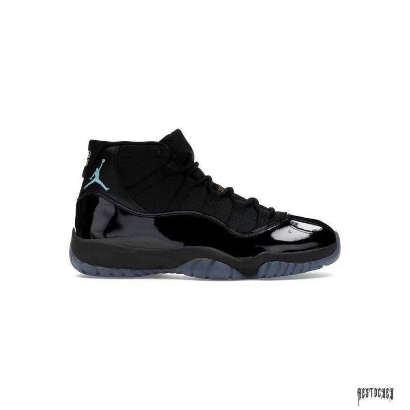 Jordan 11 Retro Gamma Blue sneaker, black patent leather and mesh upper with light blue Jumpman logo and icy blue outsole.