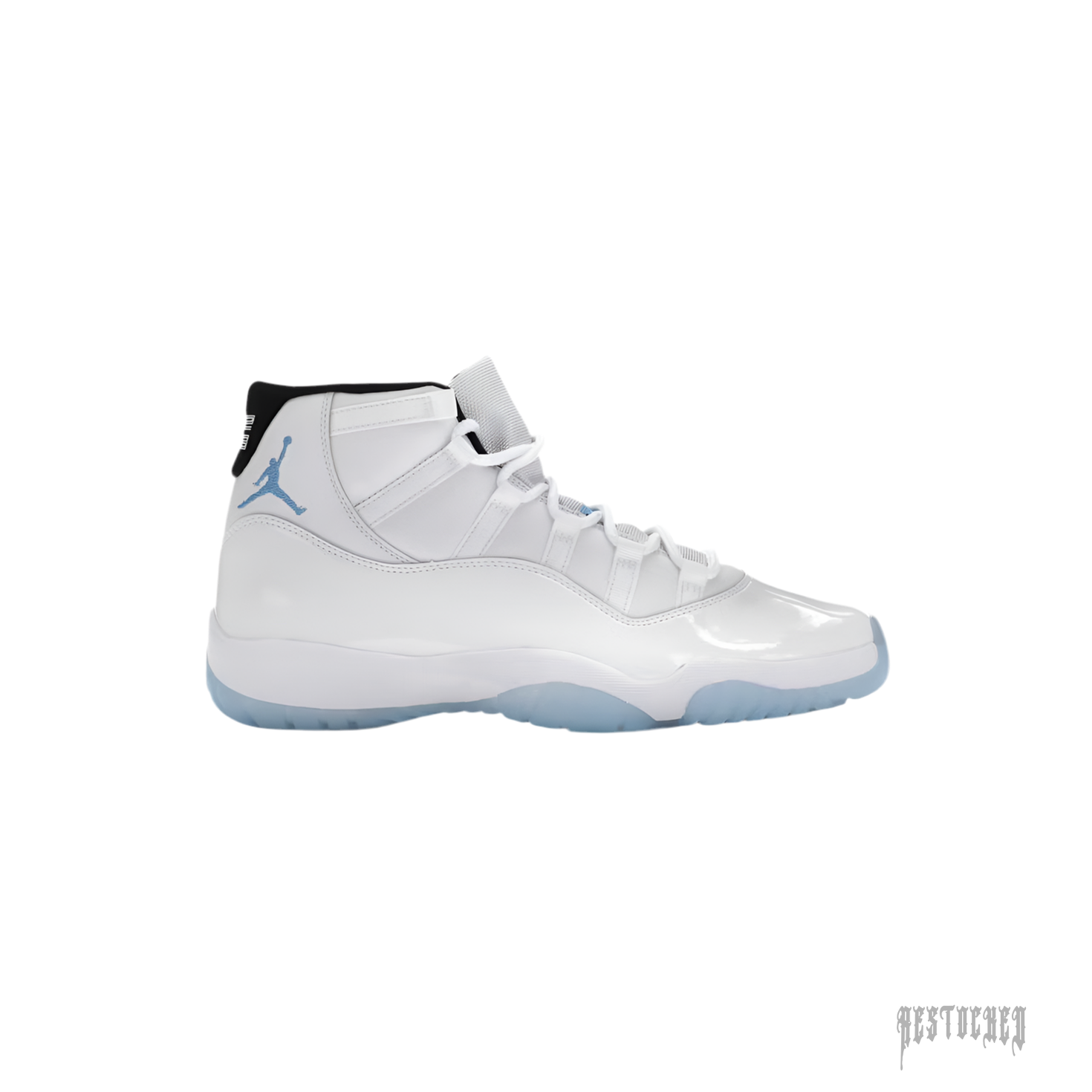 Jordan 11 Retro Legend Blue (2024) sneaker, all-white upper with icy blue translucent sole and Jumpman logo.