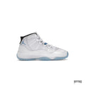 JORDAN 11 Retro Legend Blue (GS) sneaker, white patent leather and mesh upper, light blue accents, icy blue outsole.