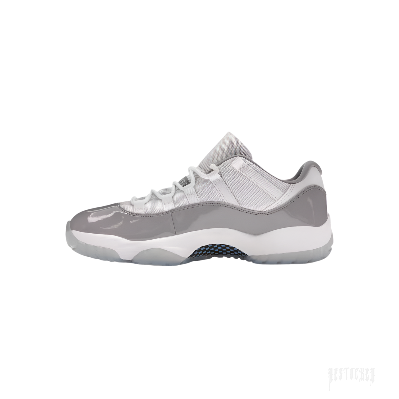 Jordan 11 Retro Low Cement Grey sneaker, side view. Features grey patent leather, white mesh, and icy blue outsole.