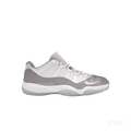 JORDAN 11 Retro Low Cement Grey sneaker, white mesh upper, grey patent leather mudguard, white laces.