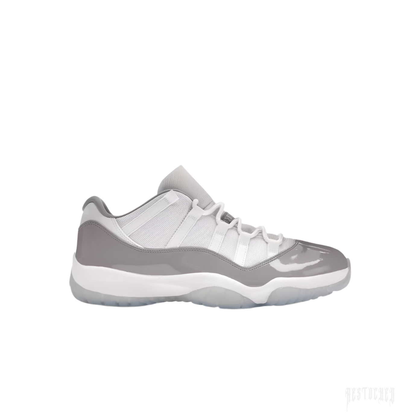 JORDAN 11 Retro Low Cement Grey sneaker, white mesh upper, grey patent leather mudguard, white laces.