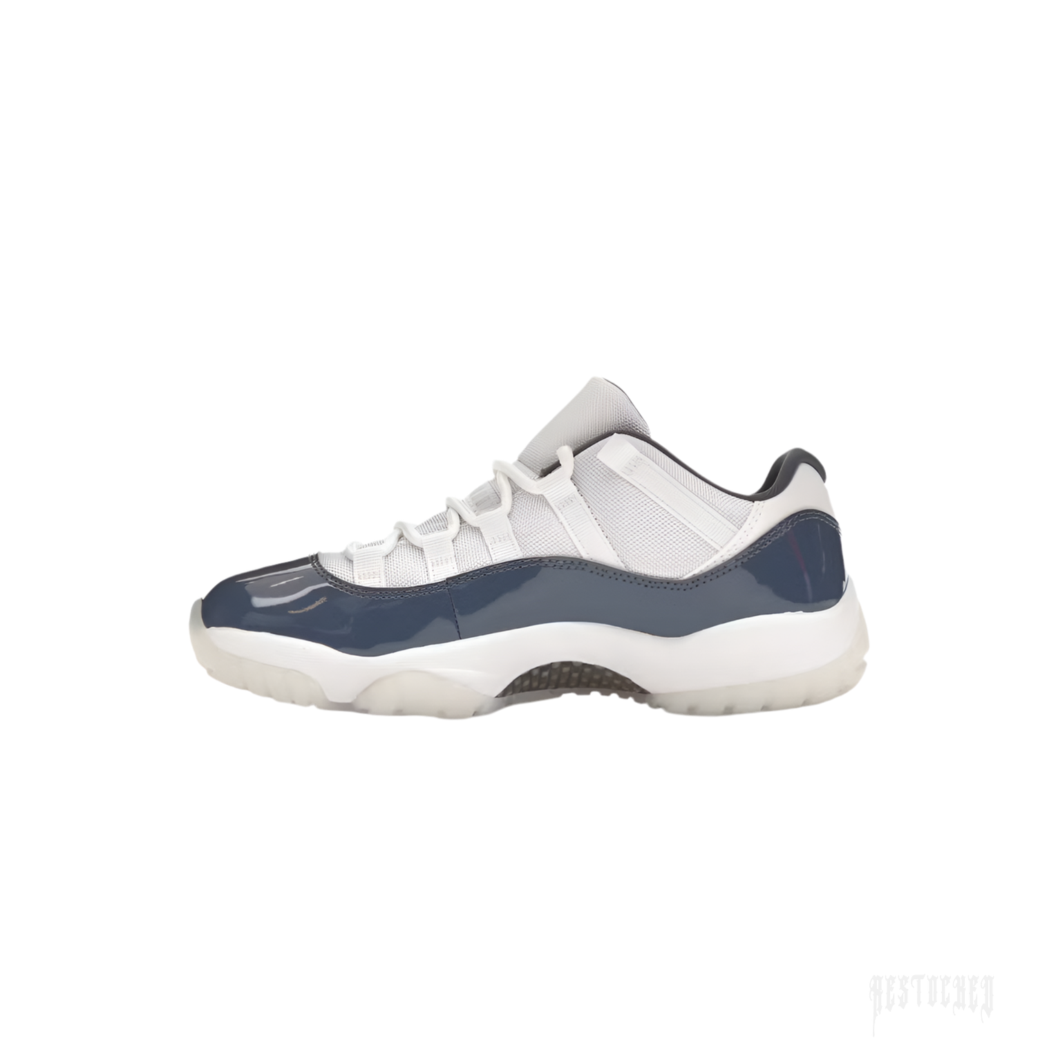 JORDAN 11 Retro Low Diffused Blue sneaker with white mesh upper and glossy navy mudguard.