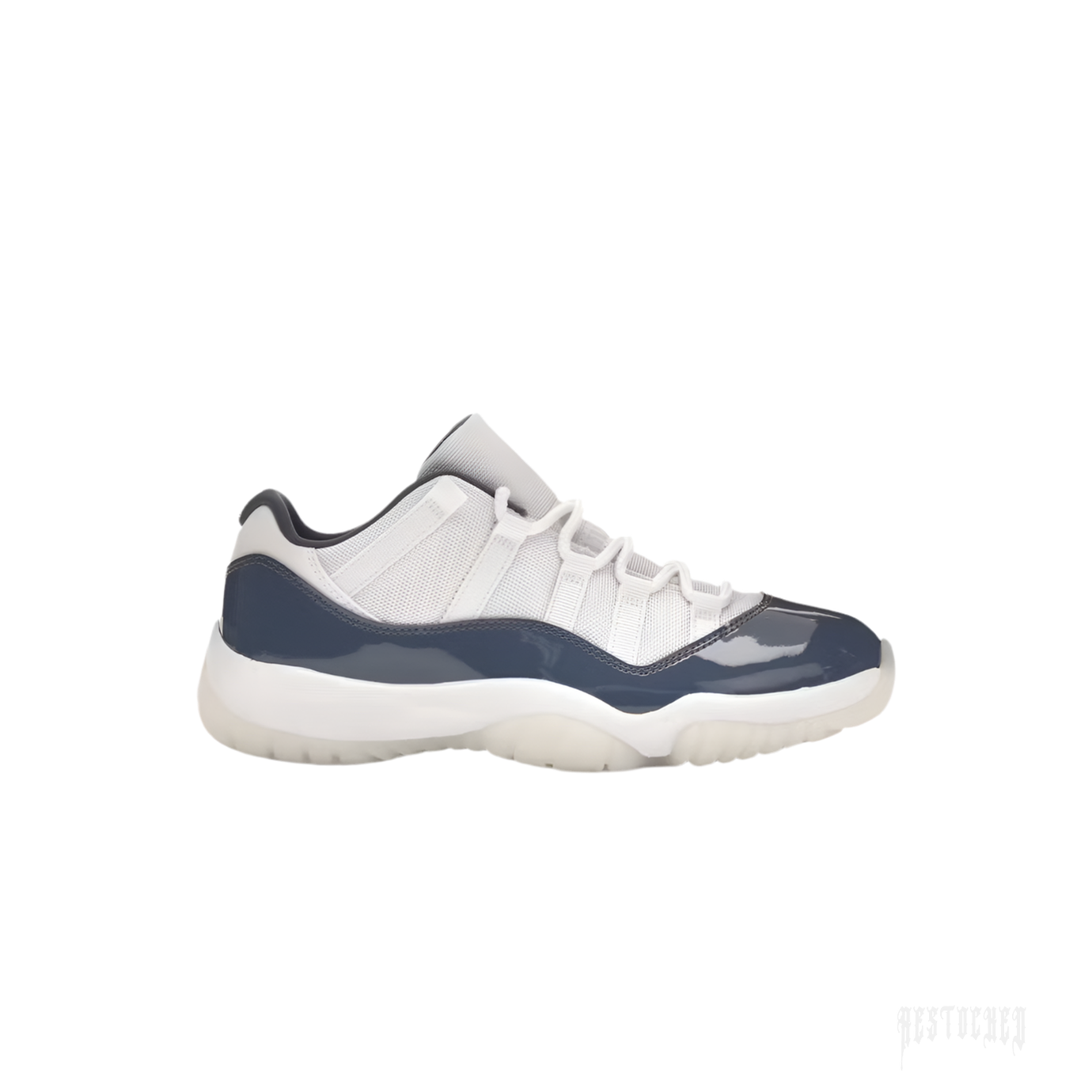 JORDAN 11 Retro Low Diffused Blue sneaker, side view, with white mesh upper and navy patent leather mudguard.