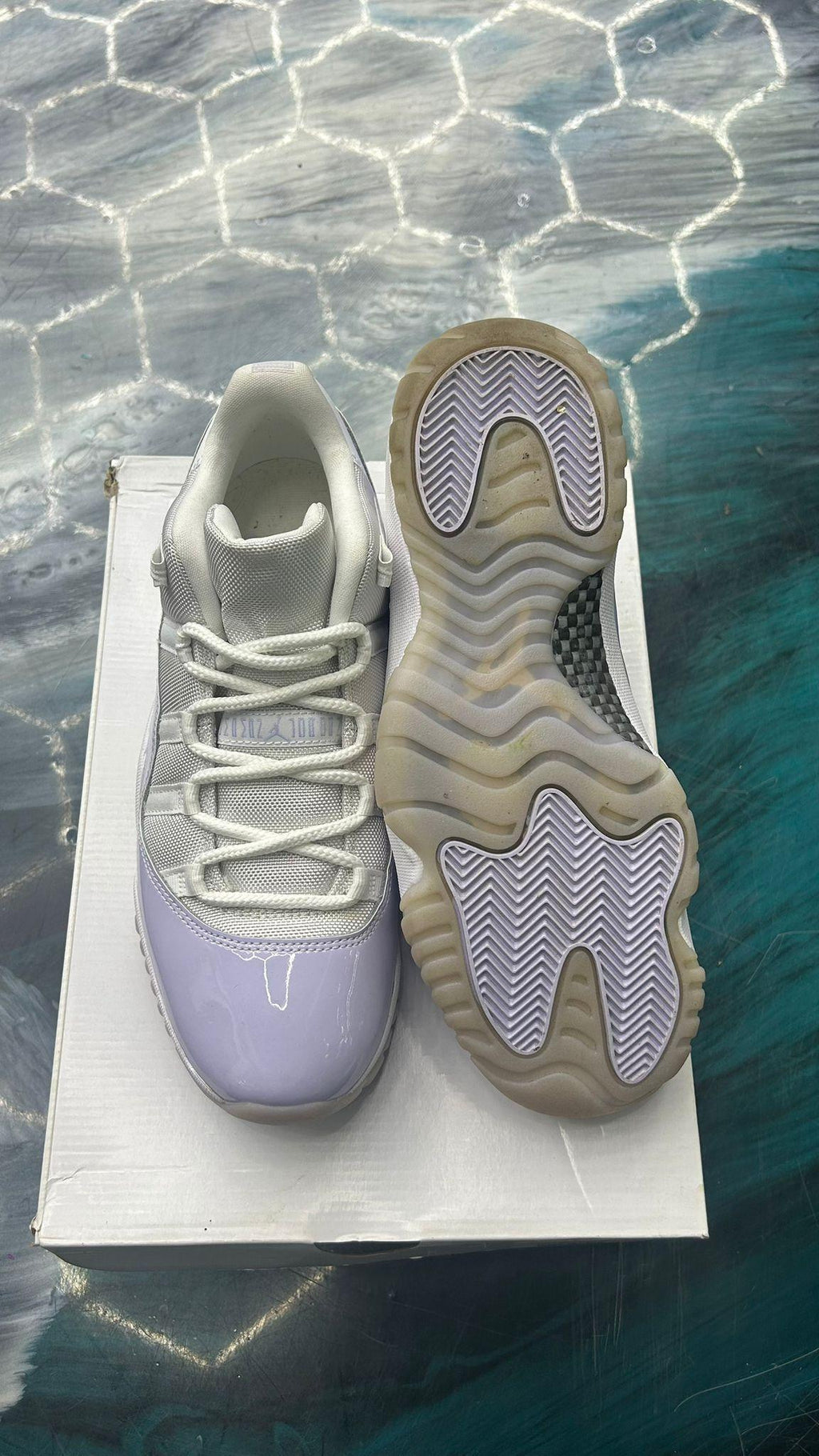 JORDAN 11 RETRO LOW PURE VIOLET (WOMENS) size 10.5M, light grey and lavender patent leather sneakers.