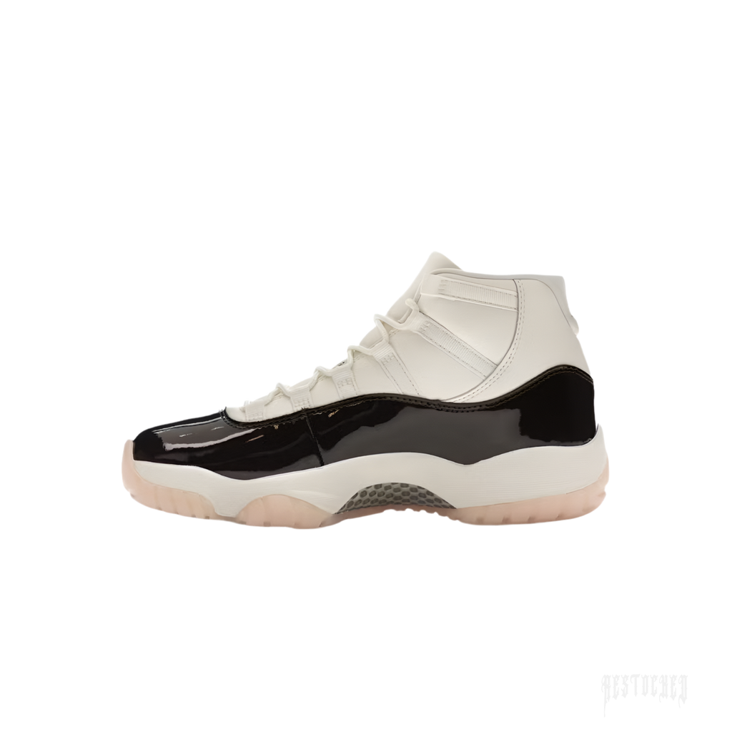 JORDAN 11 Retro Neapolitan women's sneaker with white leather upper, dark brown patent leather mudguard, and translucent pink outsole.