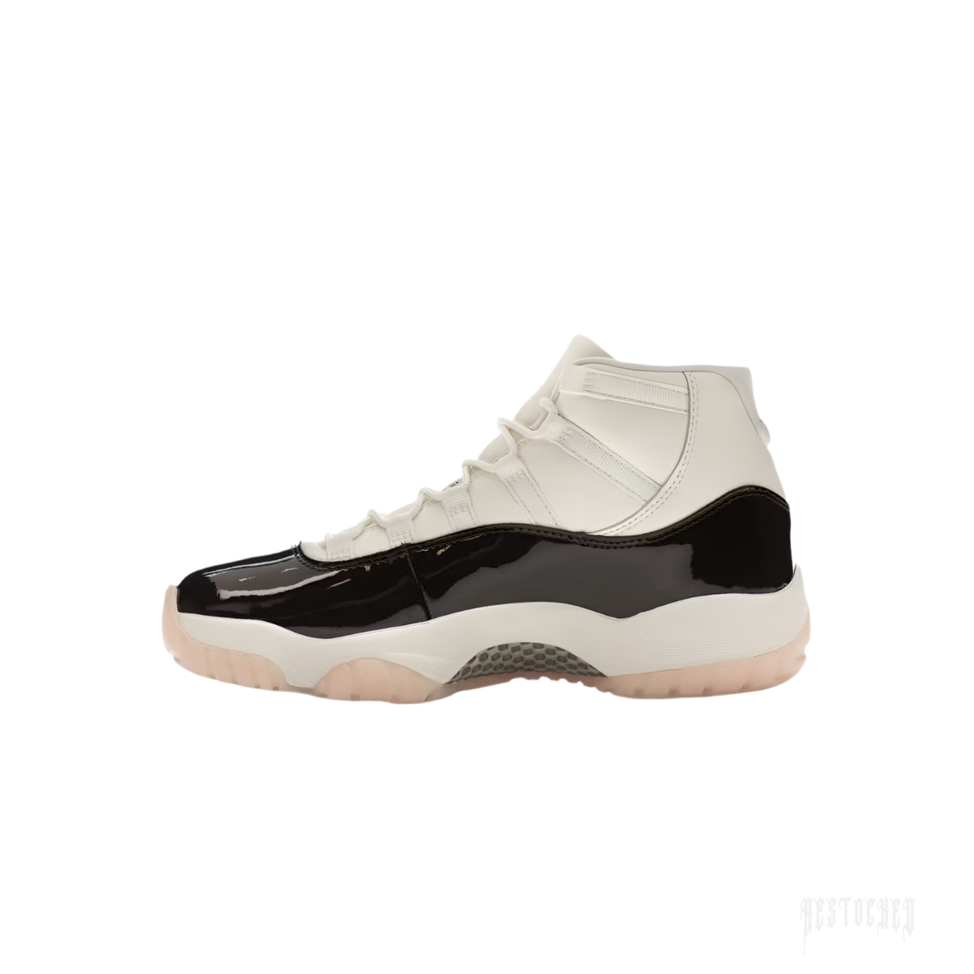 JORDAN 11 Retro Neapolitan women's sneaker with white leather upper, dark brown patent leather mudguard, and translucent pink outsole.