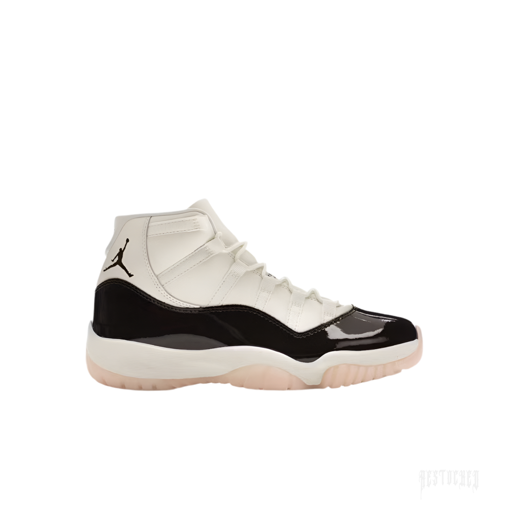 JORDAN 11 Retro Neapolitan women's sneaker with white upper, black patent leather mudguard, and translucent pink outsole.