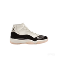 JORDAN 11 Retro Neapolitan women's sneaker with white upper, black patent leather mudguard, and translucent pink outsole.