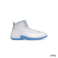 JORDAN 12 Retro Melo sneaker: white leather upper, light blue sole, heel, and lining.