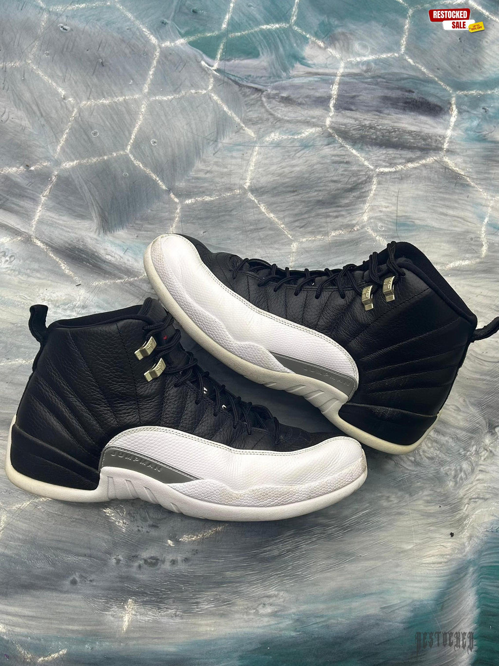 Pre-owned Jordan 12 Retro Playoff (2022) size 13 sneakers, black leather upper with white mudguard.