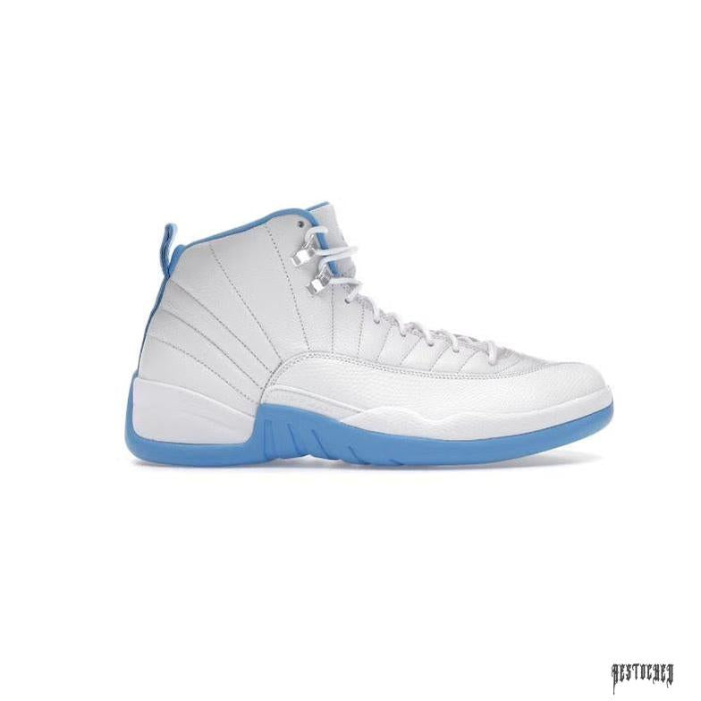 JORDAN 12 RETRO UNIVERSITY BLUE (2016) sneaker, white leather upper with light blue sole and lining.