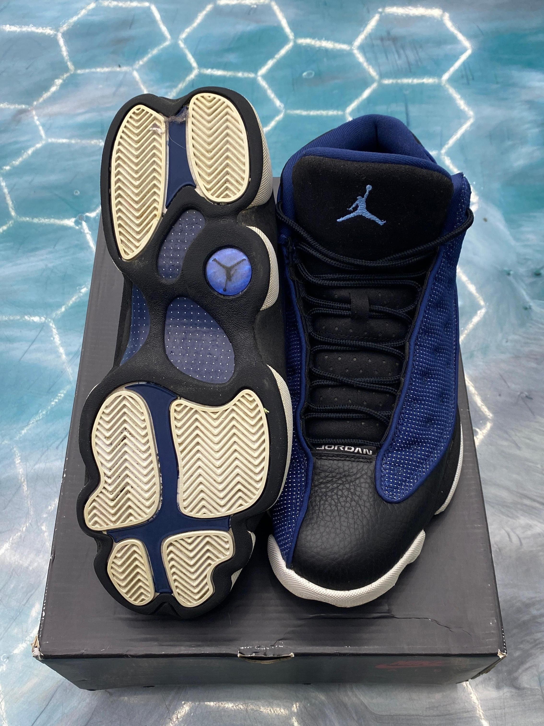 Pre-owned Jordan 13 Retro Brave Blue sneakers, size 11, with black leather and blue mesh, showing cream soles.