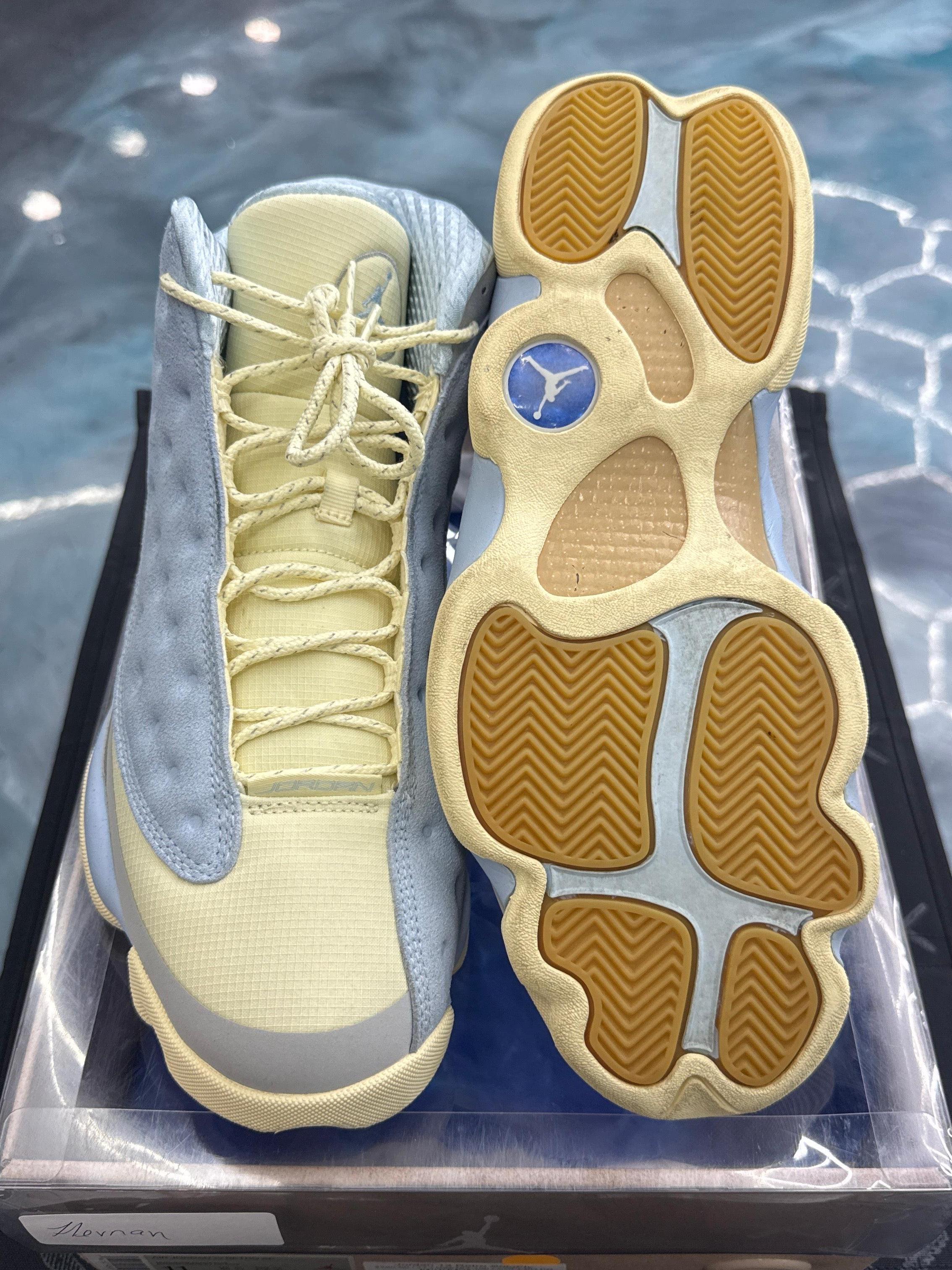 Pre-owned Jordan 13 Retro SoleFly size 11, light blue suede and cream upper with gum sole.
