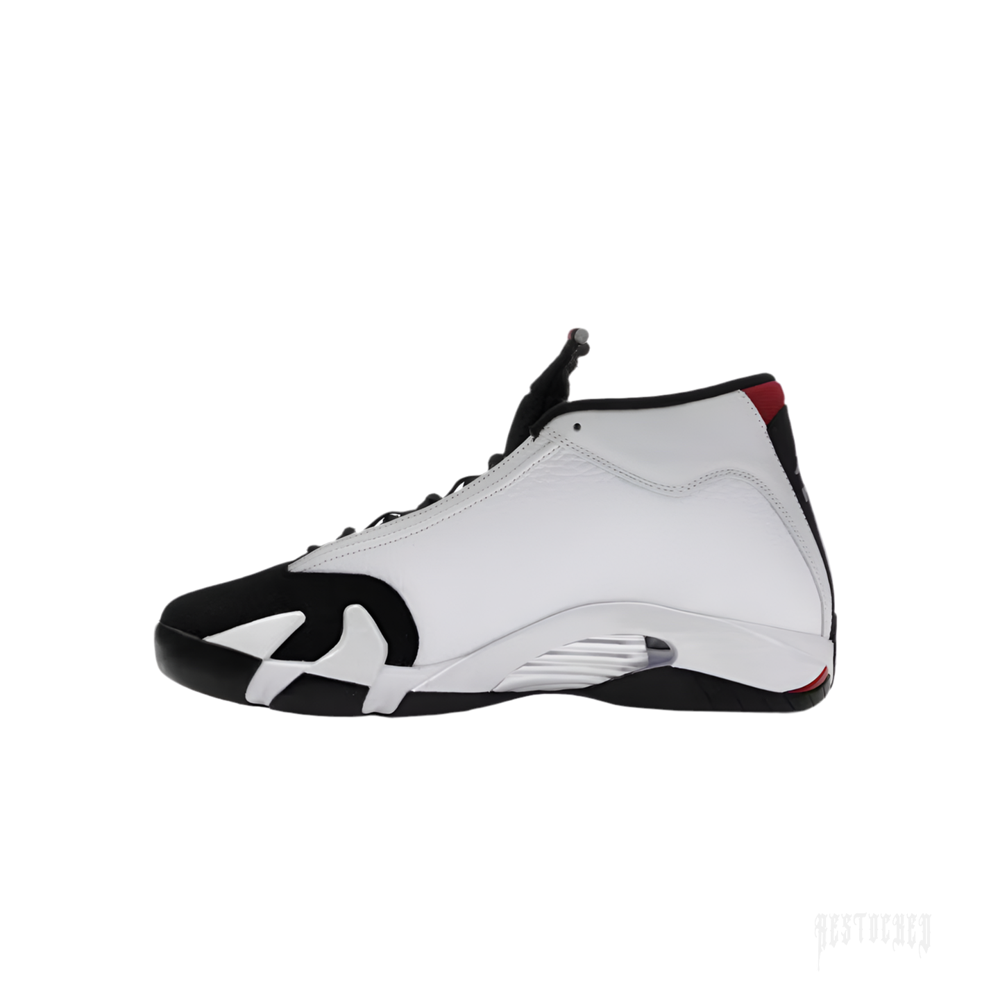 JORDAN 14 RETRO BLACK TOE (2024) sneaker, white leather upper, black suede toe, black detailing, red accents.