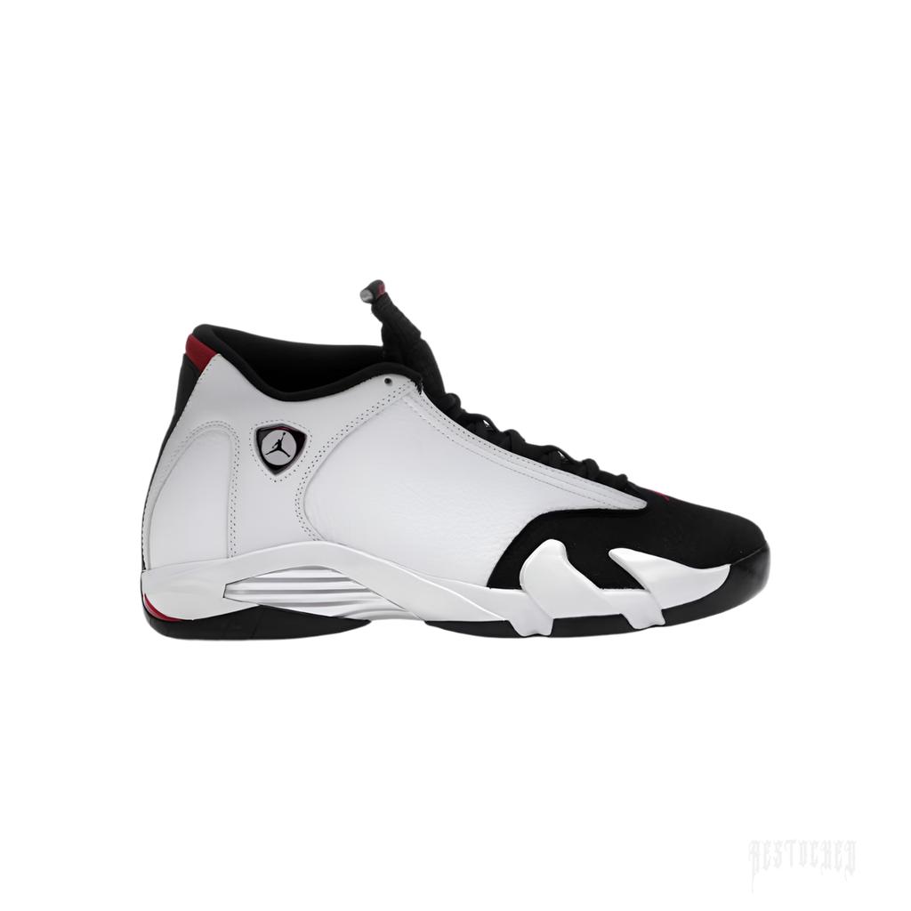 JORDAN 14 RETRO BLACK TOE (2024) sneaker with white leather, black suede toe, red accents, and Jumpman logo.