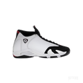 JORDAN 14 RETRO BLACK TOE (2024) sneaker with white leather, black suede toe, red accents, and Jumpman logo.