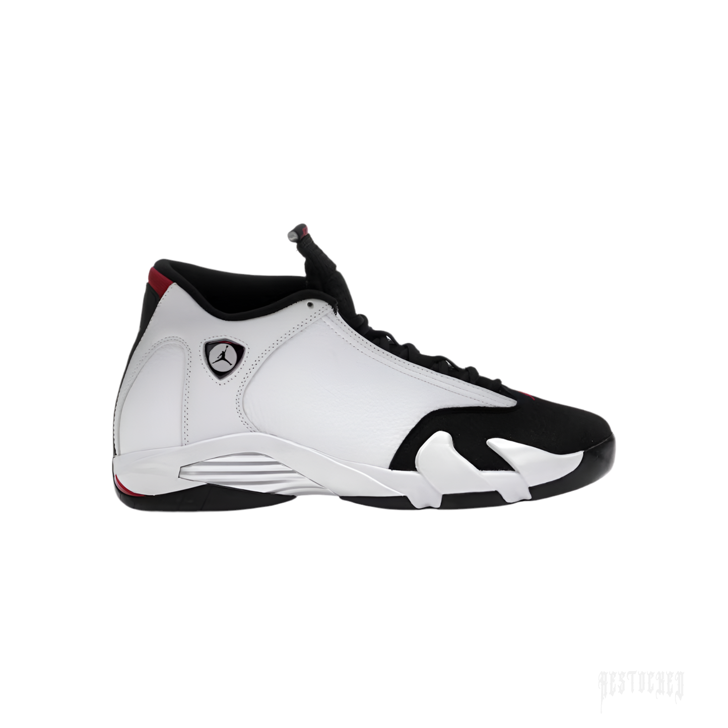 JORDAN 14 RETRO BLACK TOE (2024) sneaker with white leather, black suede toe, red accents, and Jumpman logo.