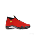 JORDAN 14 Retro Ferrari sneaker in vibrant red suede with black accents, yellow Jumpman shield, and carbon fiber midsole.