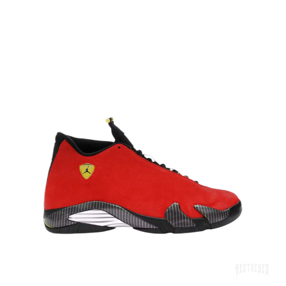 JORDAN 14 Retro Ferrari sneaker in vibrant red suede with black accents, yellow Jumpman shield, and carbon fiber midsole.