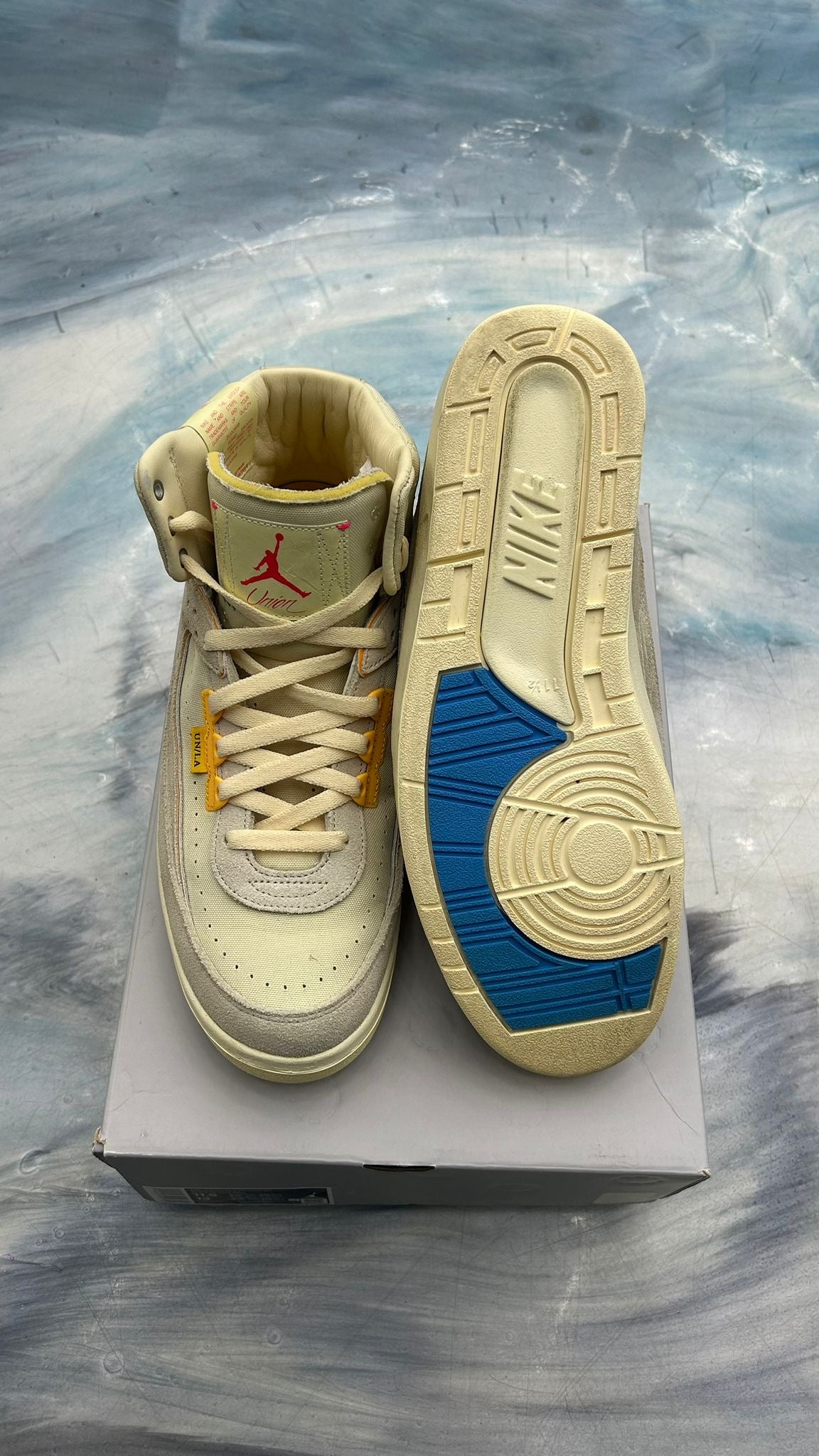 Pre-owned Jordan 2 Retro SP Union Ratan sneakers, size 11.5, with cream uppers and blue outsole.