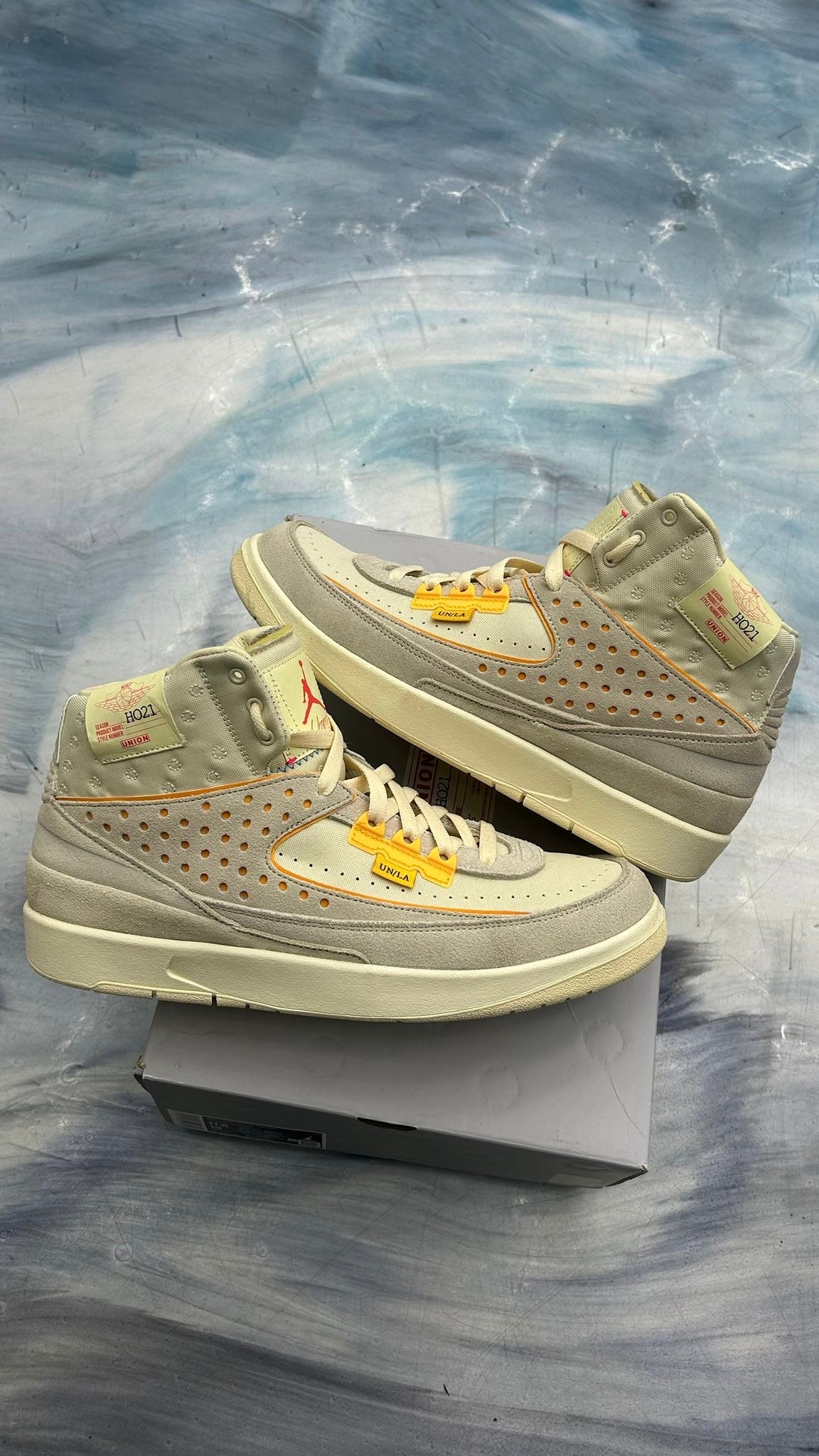 Pre-owned Jordan 2 Retro SP Union Ratan sneakers, size 11.5, with light grey suede, perforated sides, and yellow accents.