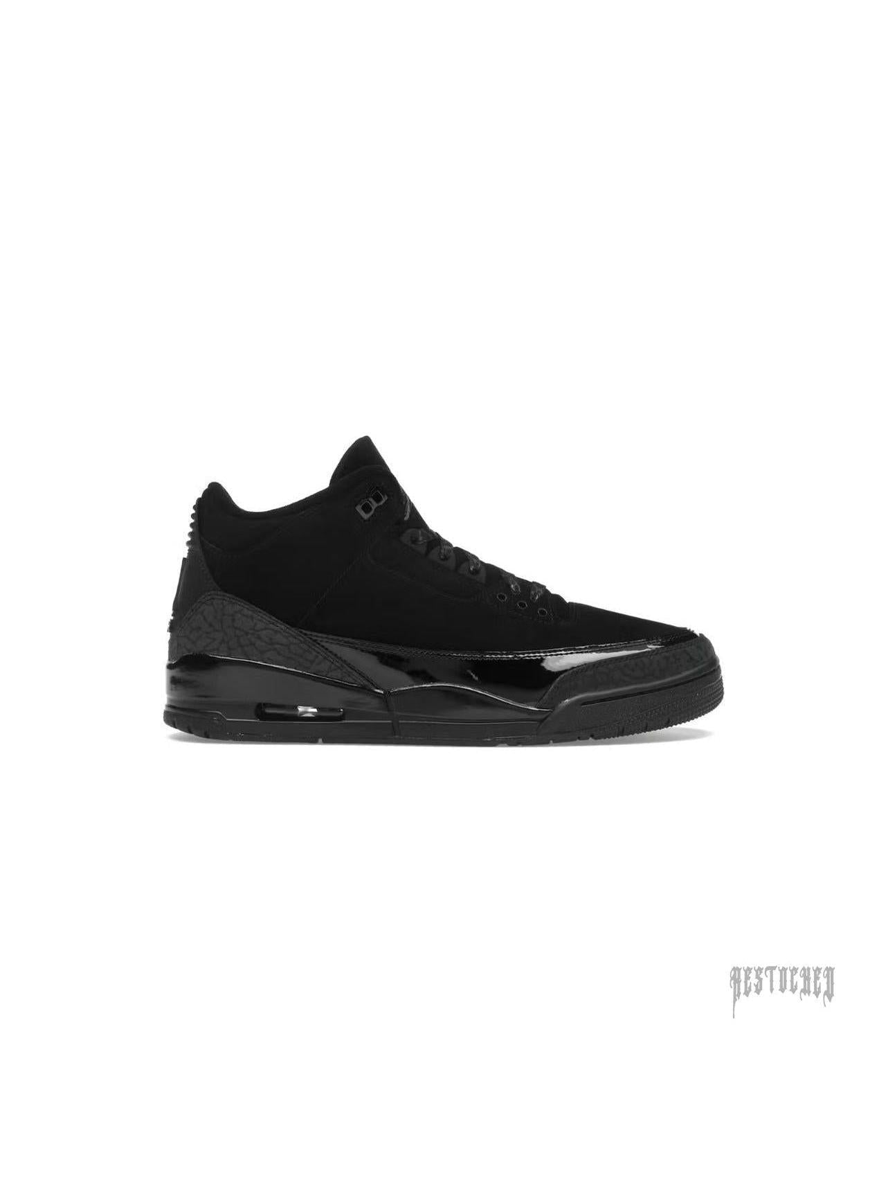 JORDAN 3 RETRO BLACK CAT (2025) sneaker, all black with nubuck, patent leather, and elephant print accents.